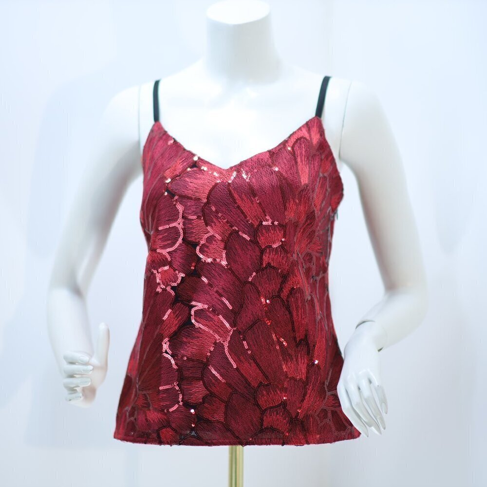 White House Black Market Red Sequin Floral Embroidered Camisole TankSize S
